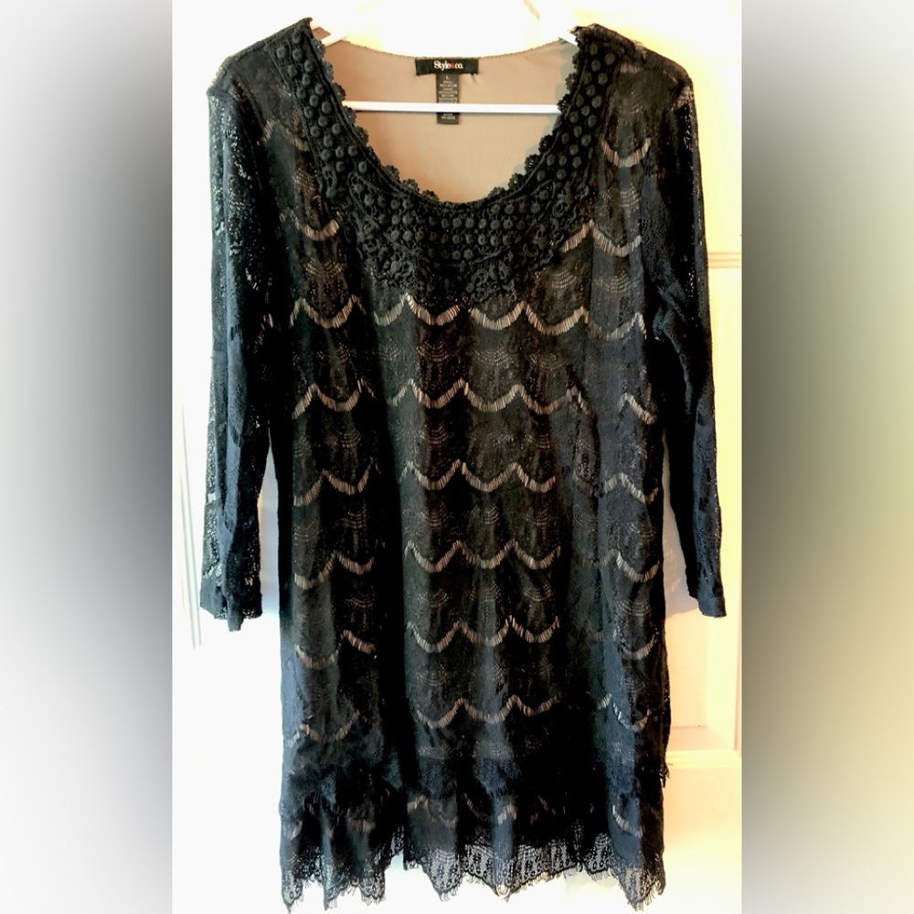 Style & Co Black Scalloped Lace Taupe Brown Lined Ruffle Bm Knit Dress Top Large